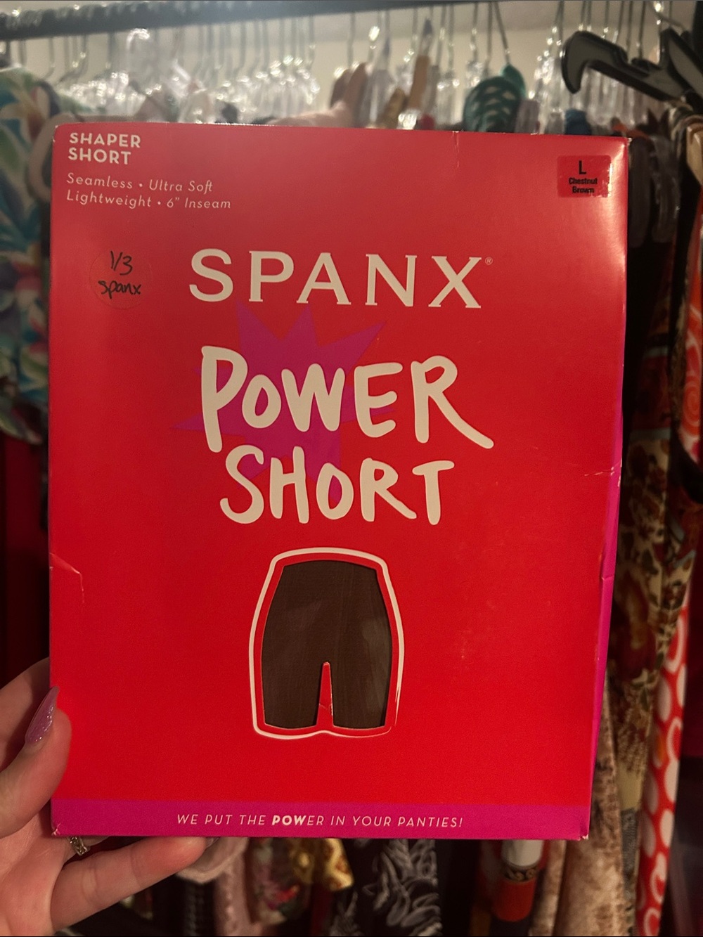 SPANX Power Short Shaper in Chestnut Brown and Red Packaging
